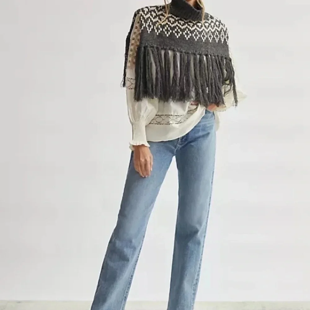 Anthropologie Grey Fringe Turtleneck Collar